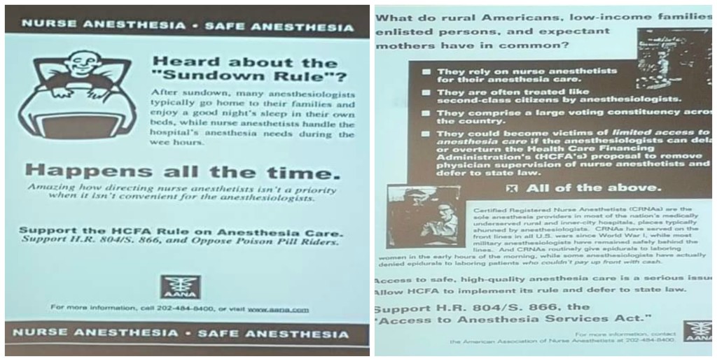 The AANA says that anesthesiologists don't take call and won't give epidurals without cash upfront