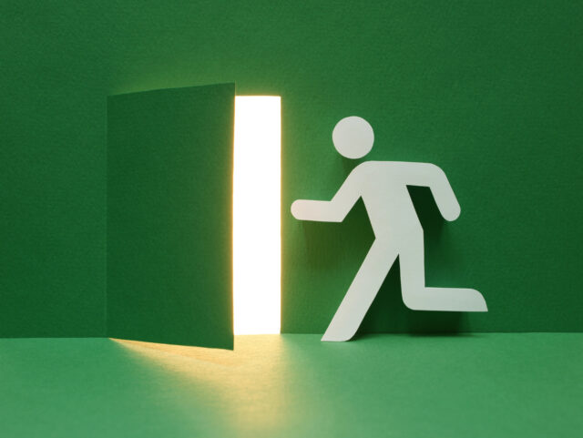 Exit Statement for Leaving Your Job green open door with person running out